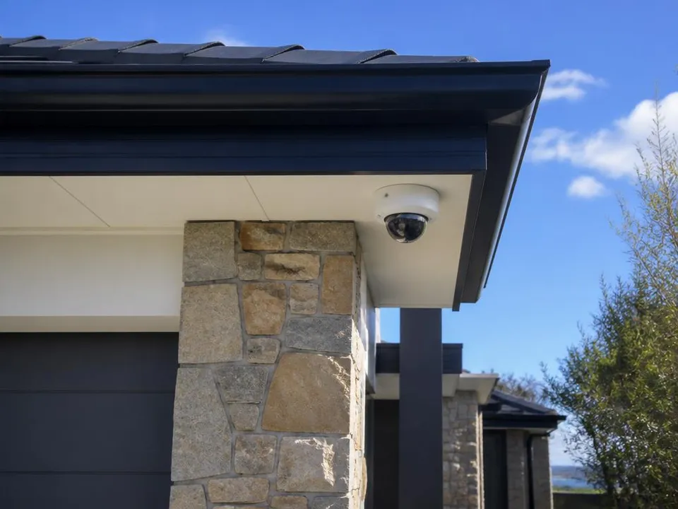 Hard-wired CCTV dome camera fitted under the eaves of a Mount Eliza home