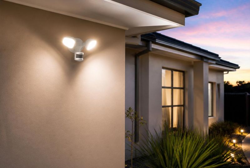 Twin sensor floodlight lit up on the front of a Seaford house at dusk