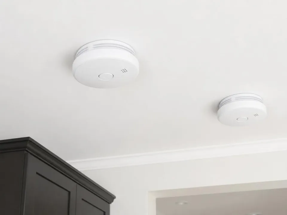 Two new interconnected smoke alarms fitted to a hallway ceiling in Baxter