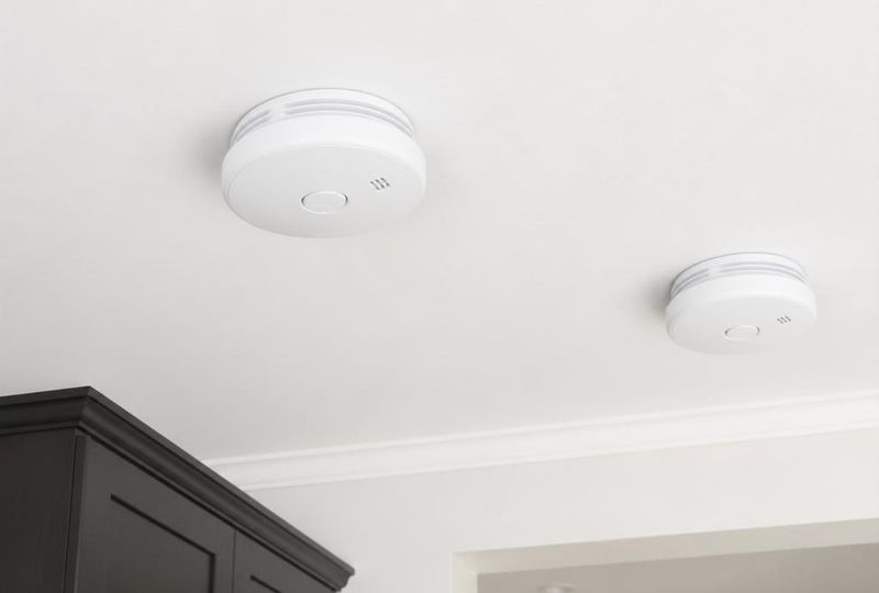 Two hardwired, interconnected smoke alarms fitted to a ceiling in Baxter