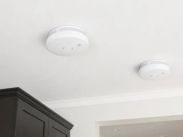 Two new interconnected smoke alarms fitted to a hallway ceiling in Baxter