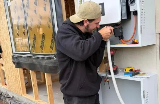 Electrician running new cabling at rough-in stage of a Mornington renovation