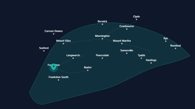 Stylised map of the suburbs Streamline Electrical covers across Frankston, the Mornington Peninsula and south-east Melbourne
