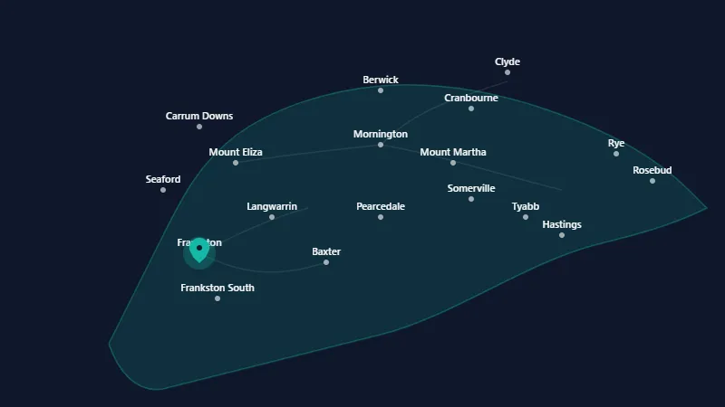Map of Streamline Electrical's service area across Frankston, the Mornington Peninsula and south-east Melbourne
