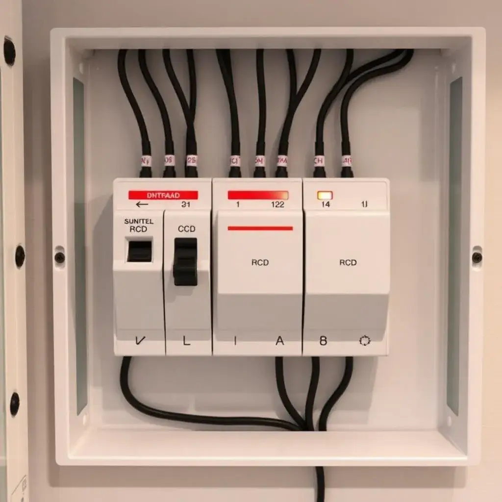 Safety switches (RCDs) and circuit breakers inside a residential switchboard