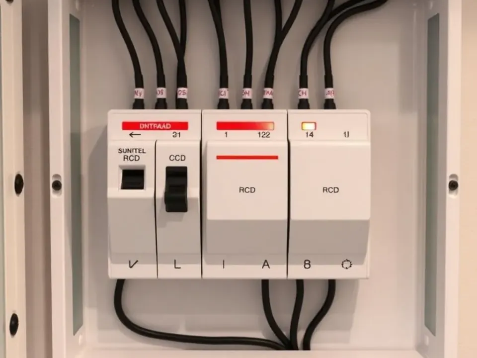 Close-up of safety switches and circuit breakers in a modern switchboard