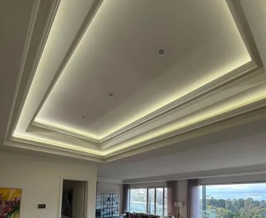 Coffered ceiling lit by concealed LED strip lighting